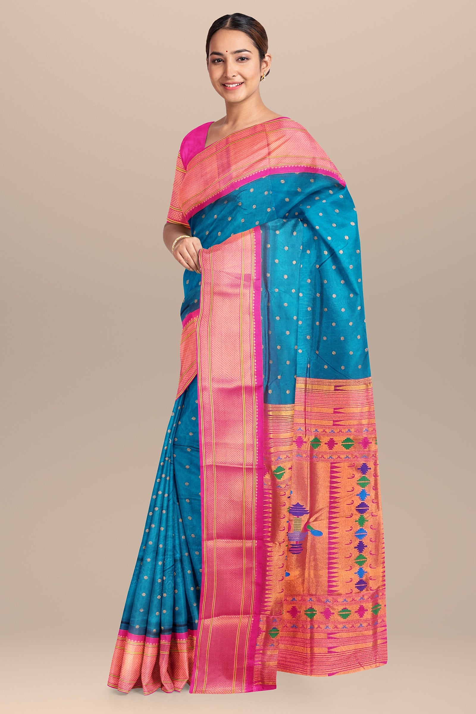 Semi silk paithani saree peacock color aith contrast