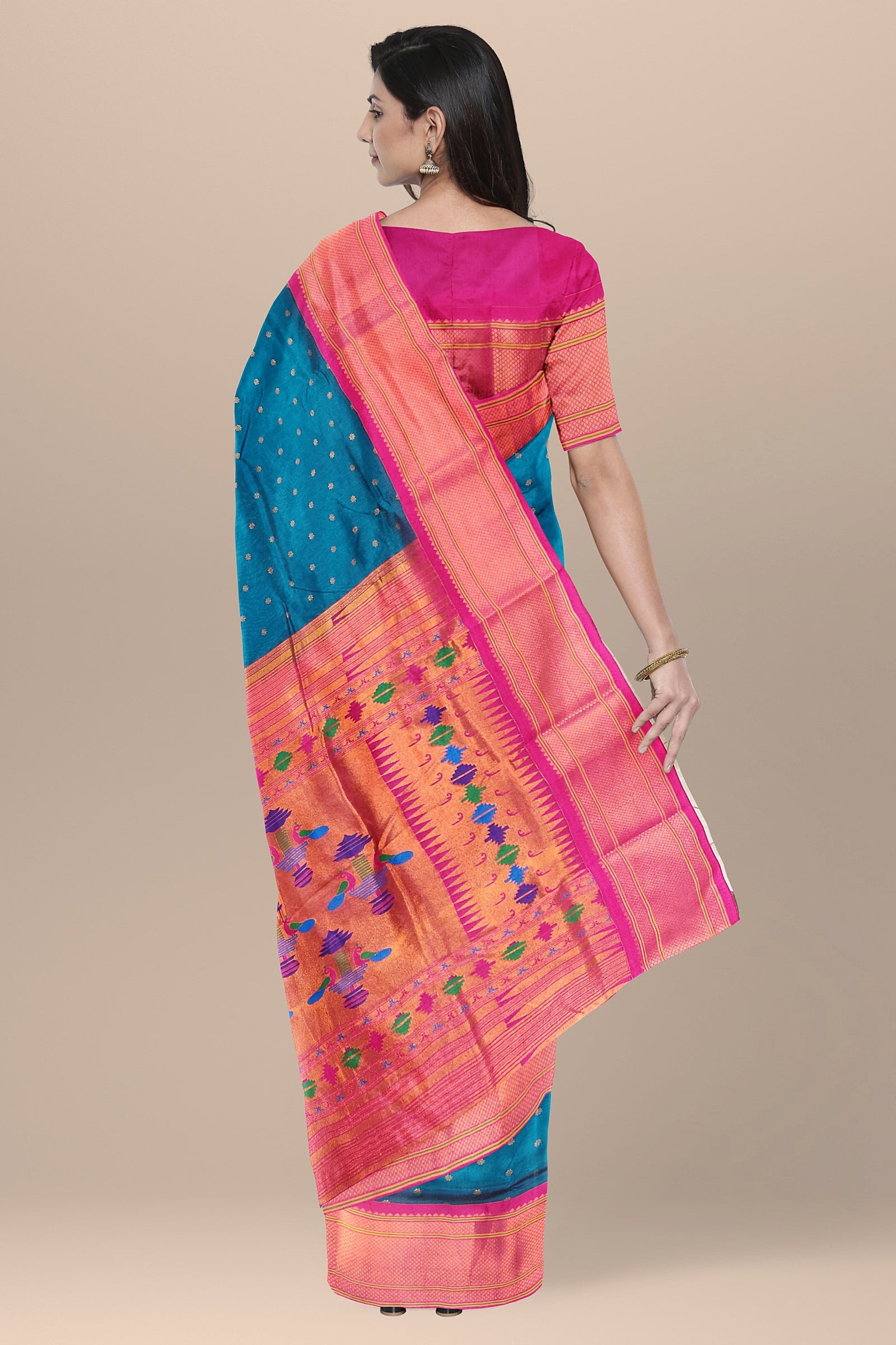 Semi silk paithani saree peacock color aith contrast