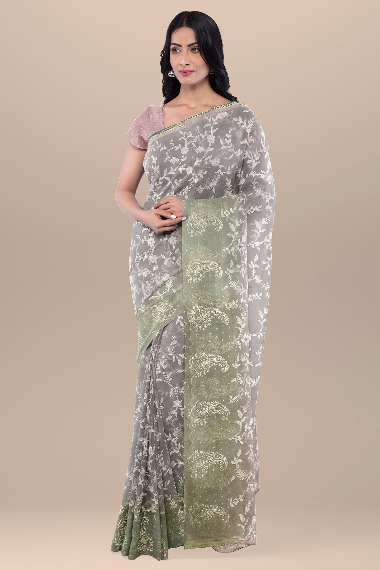 semi organza silk saree beige  color saree