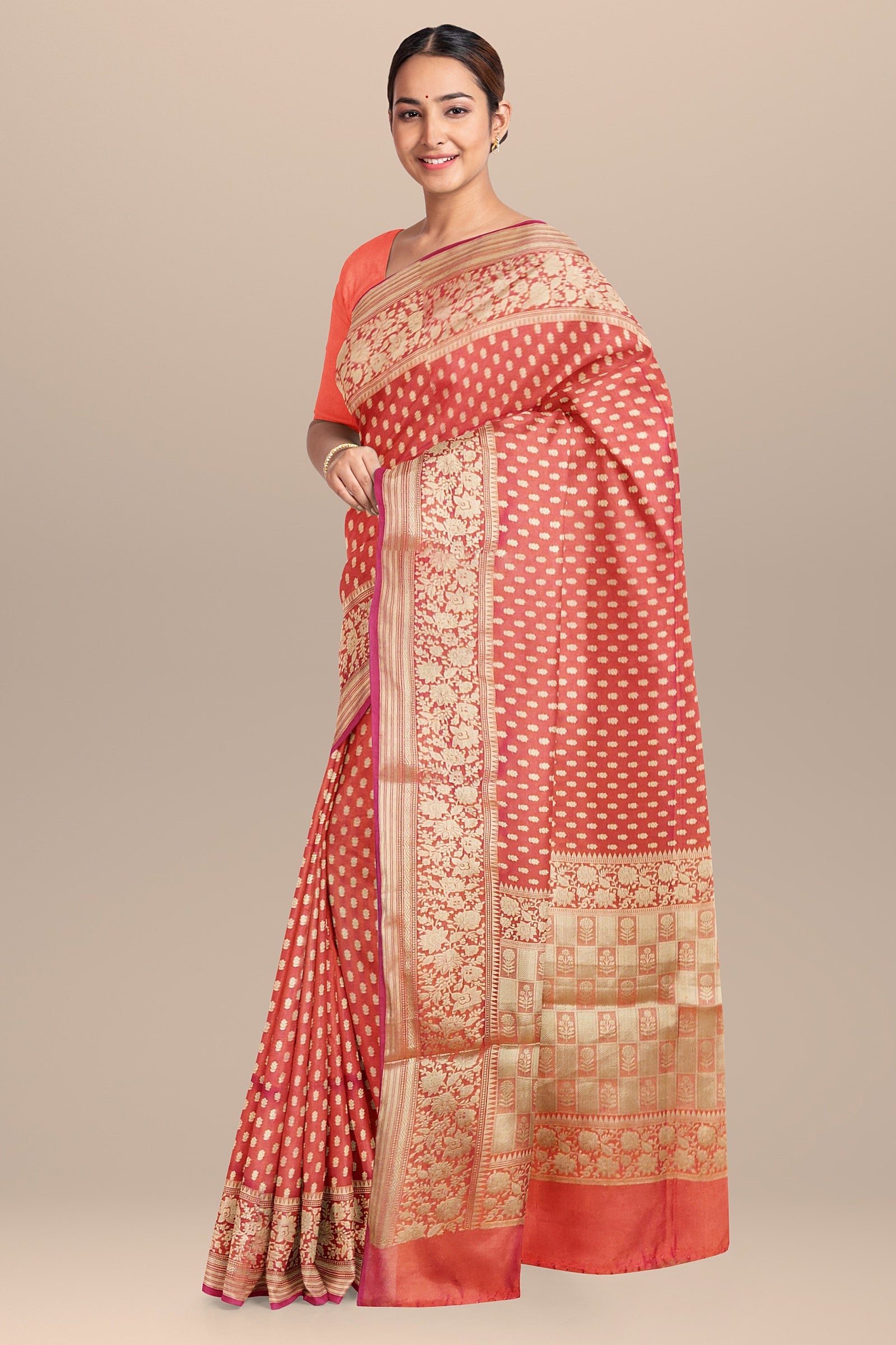 semi banaras silk saree brick orange color saree