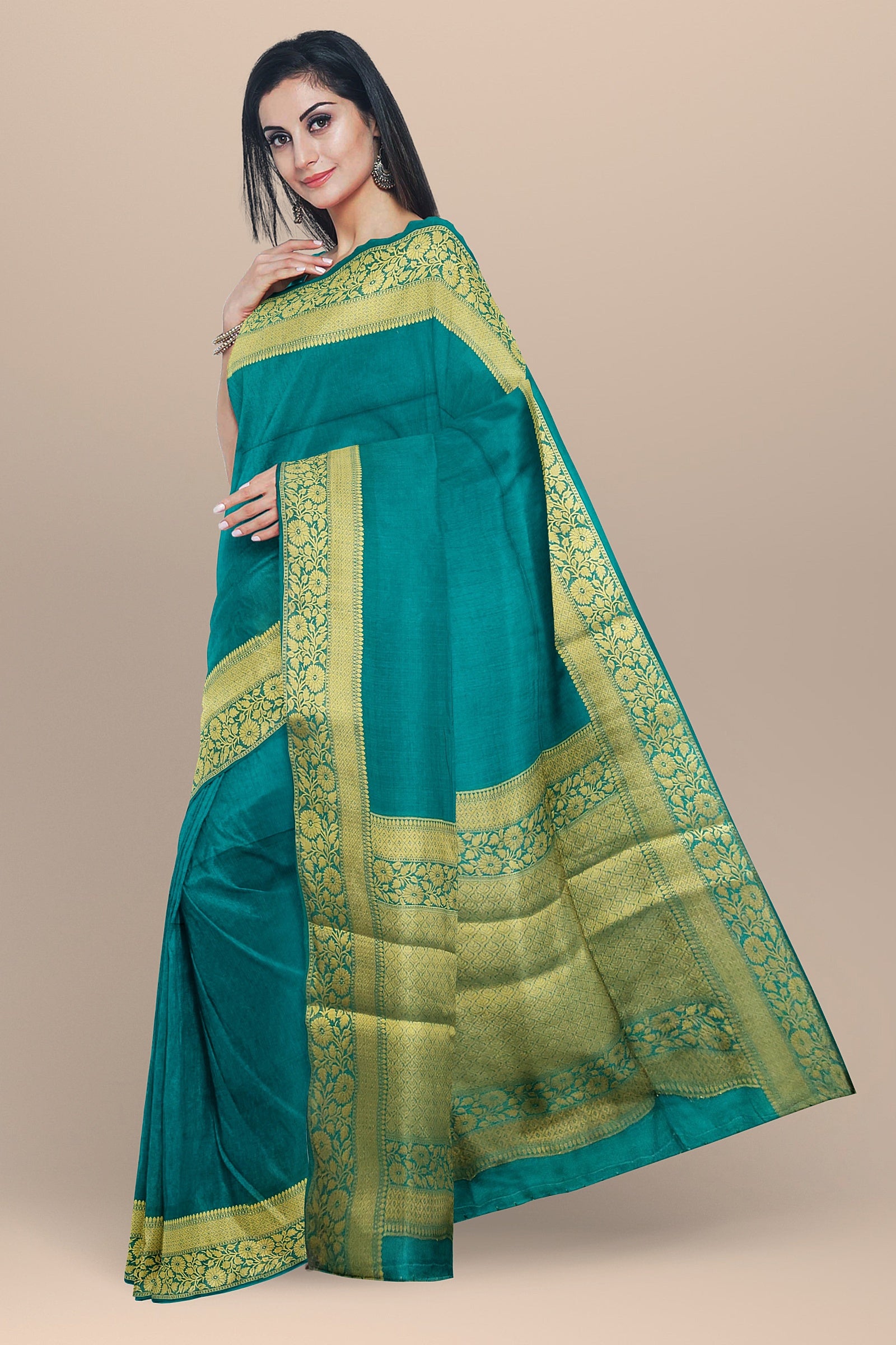 linen silk saree peacock  color
