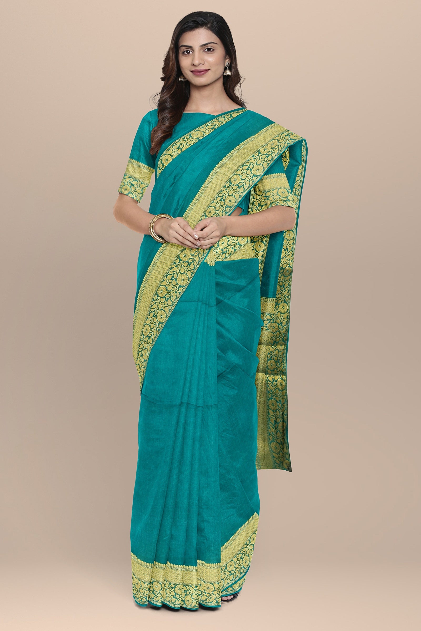 linen silk saree peacock  color