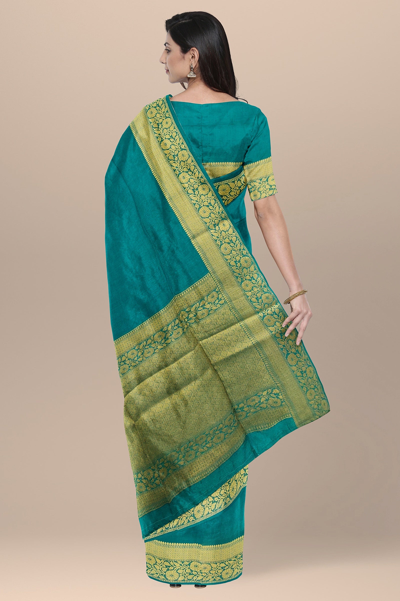 linen silk saree peacock  color