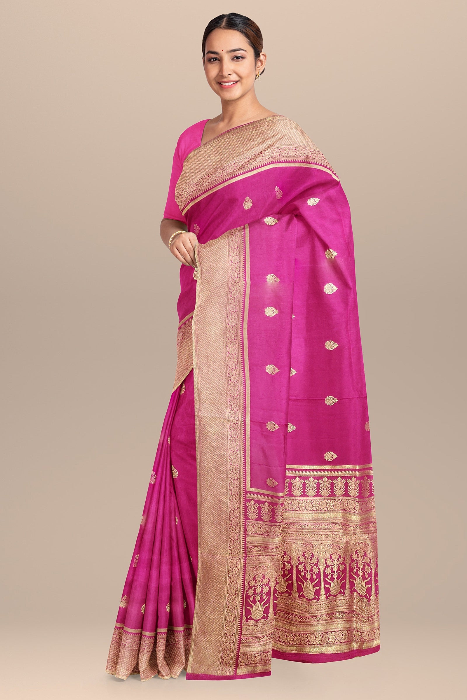 BANARAS SILK: Radiant rani-colored Banaras dola silk saree