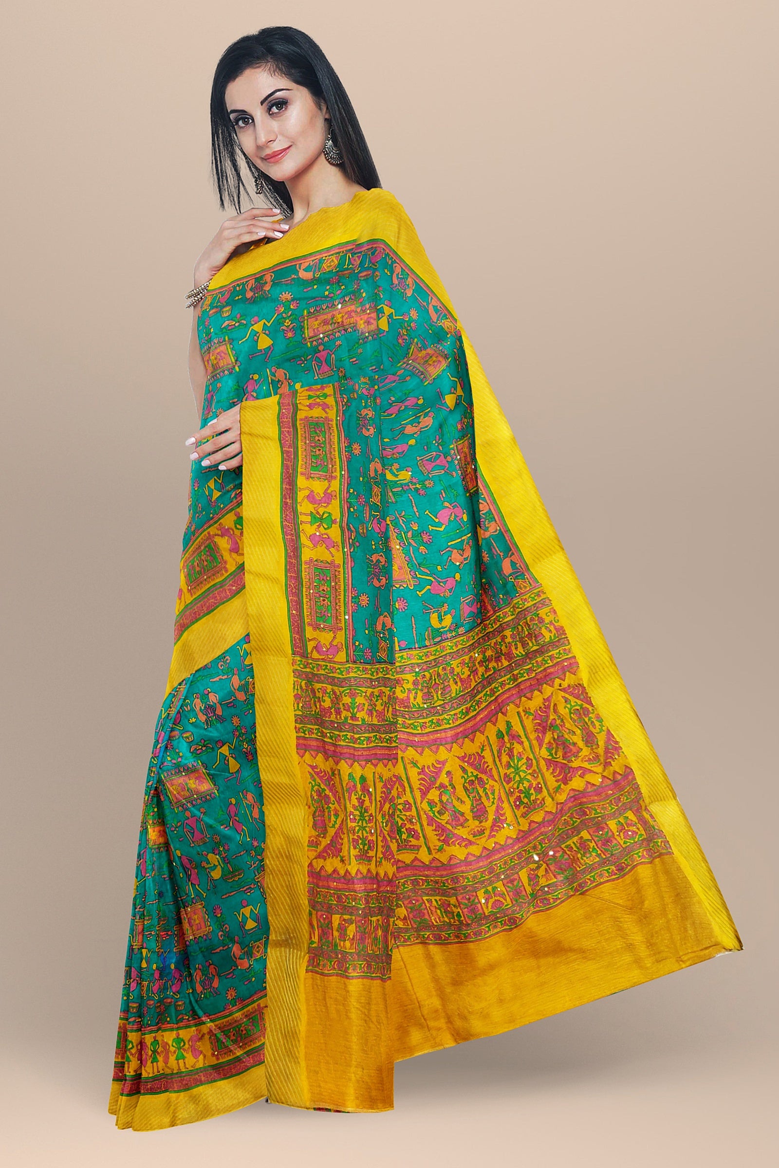 TUSSAR SILK: Unique Rama green semi-Tussar saree