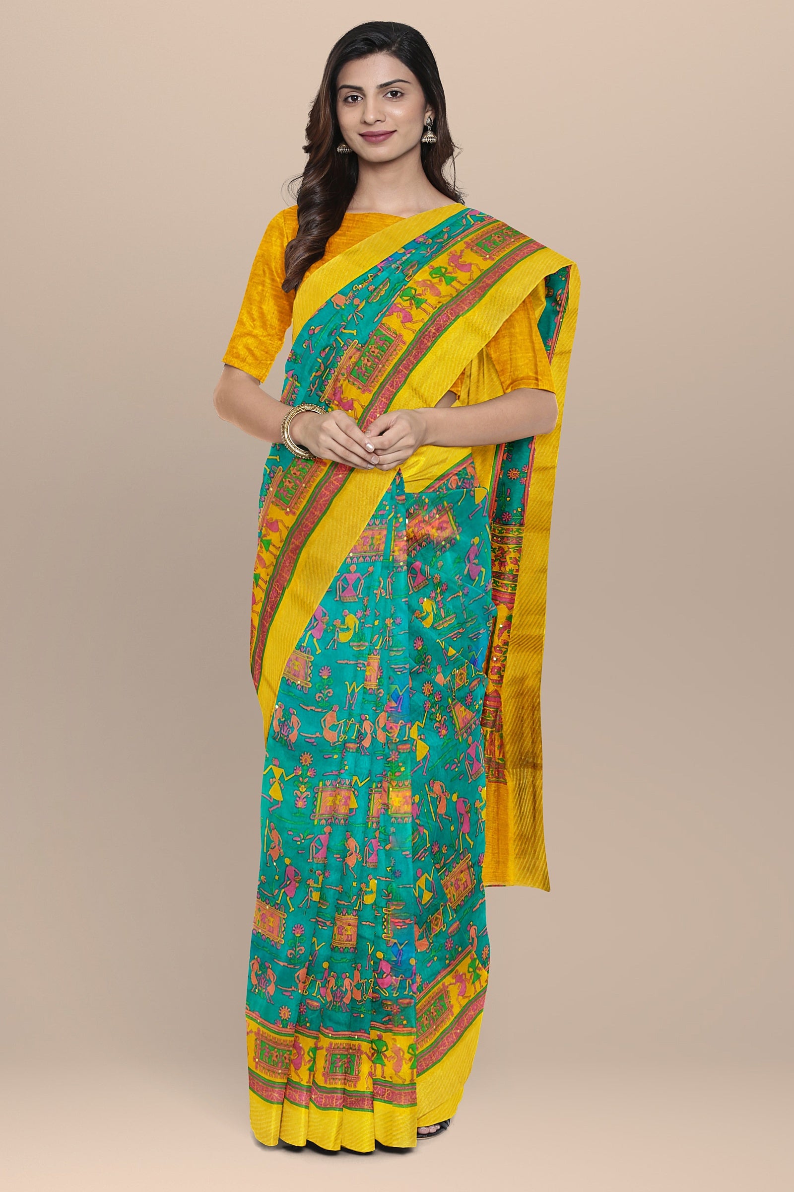 TUSSAR SILK: Unique Rama green semi-Tussar saree