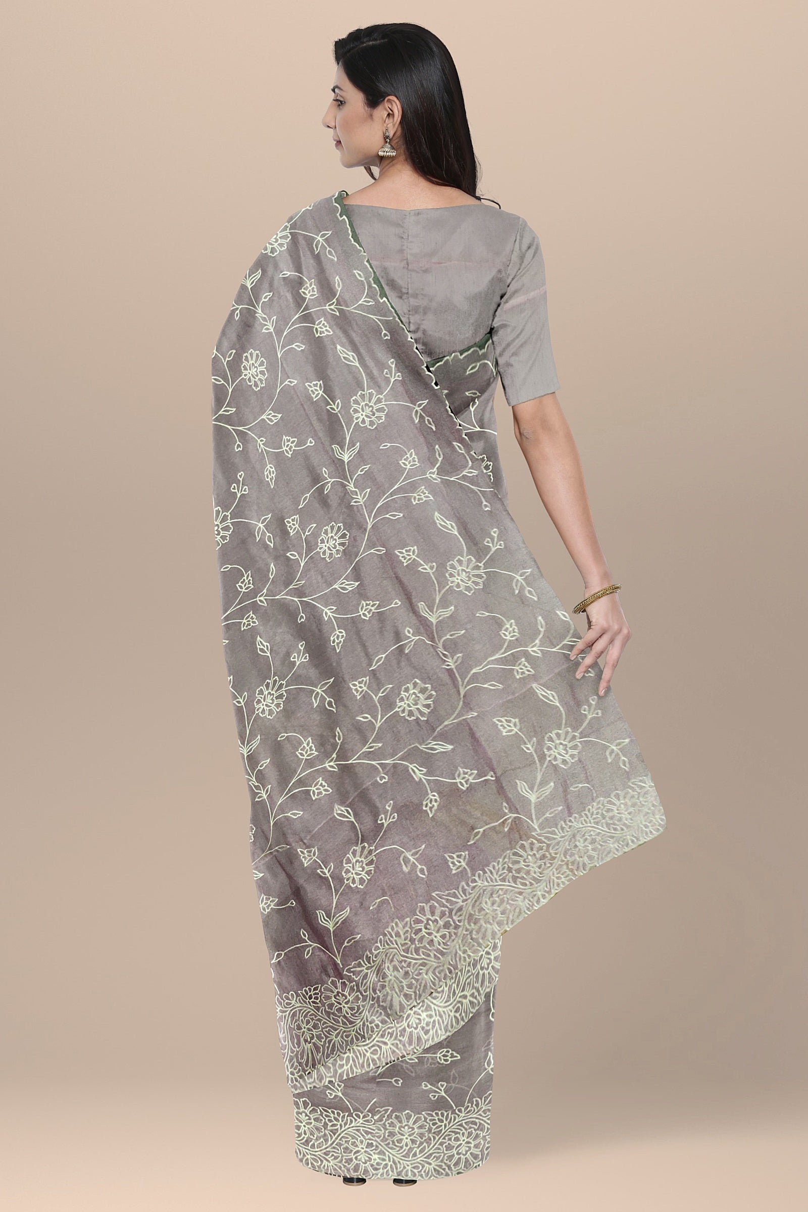 ORGANZA: Delicate grey semi-organza saree