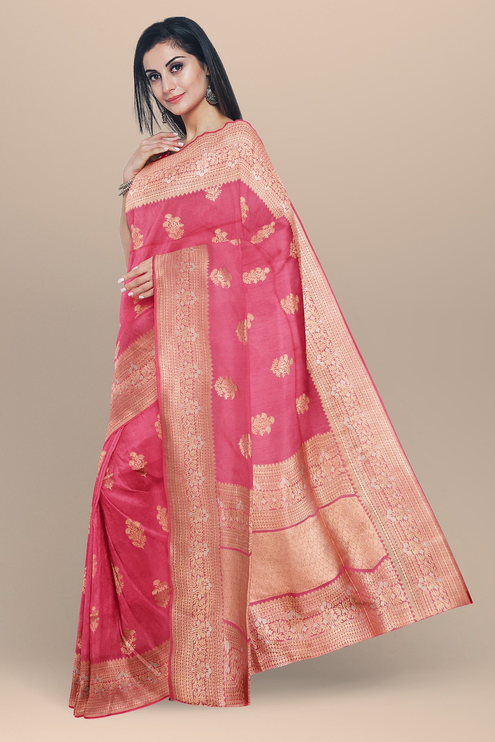 BANARAS SILK: Majestic rani pink Banaras semi-Kathan saree