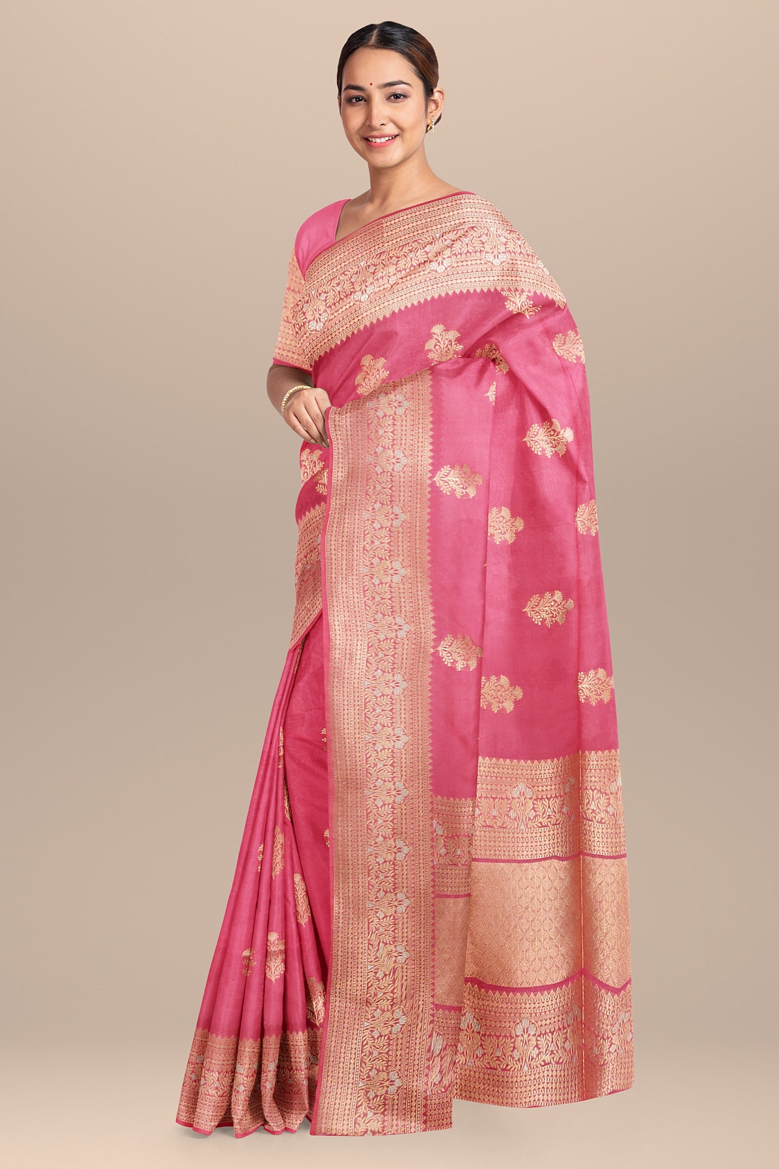 BANARAS SILK: Majestic rani pink Banaras semi-Kathan saree