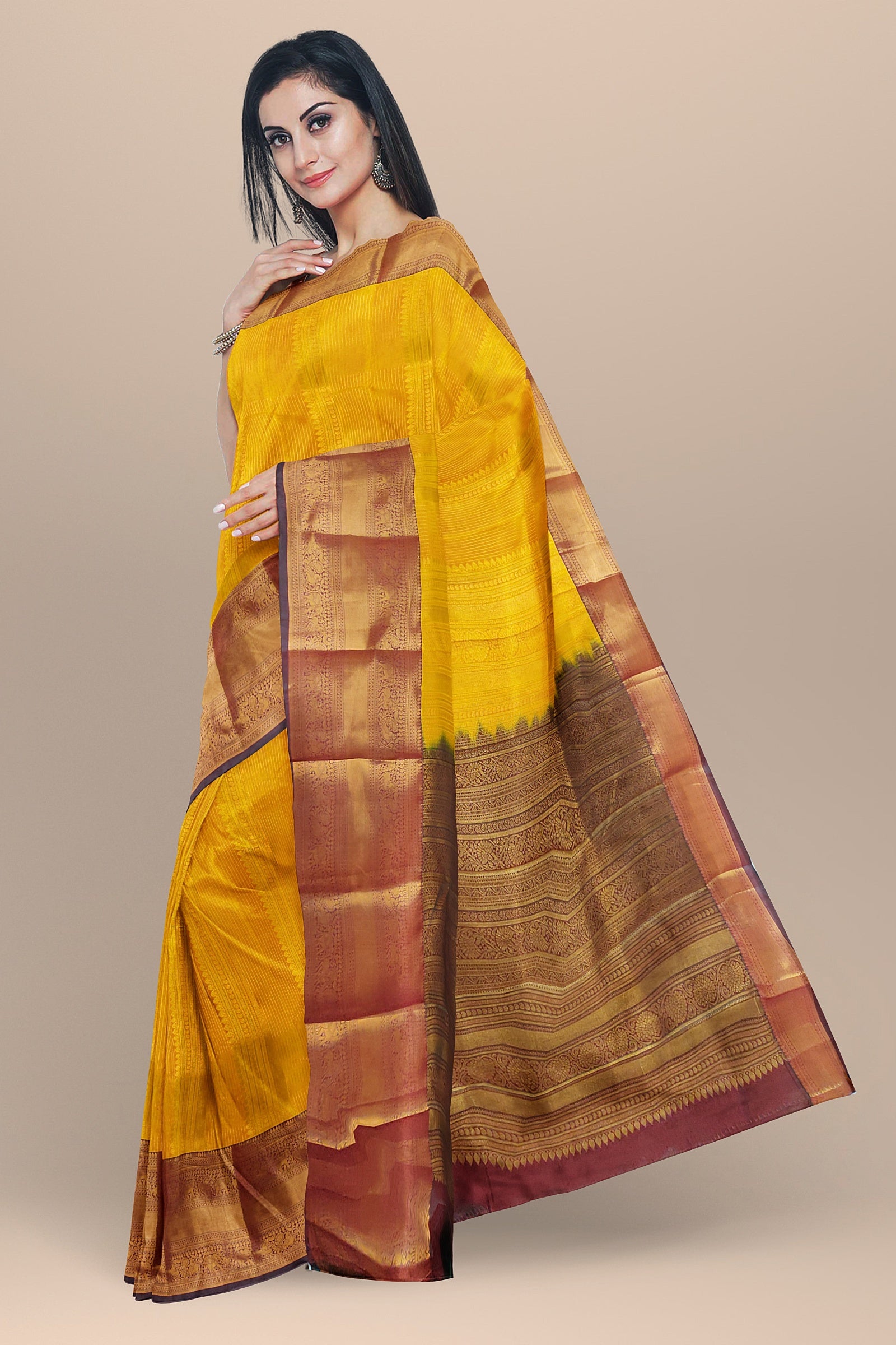 SEMI SILK: Mustard gold semi-silk saree