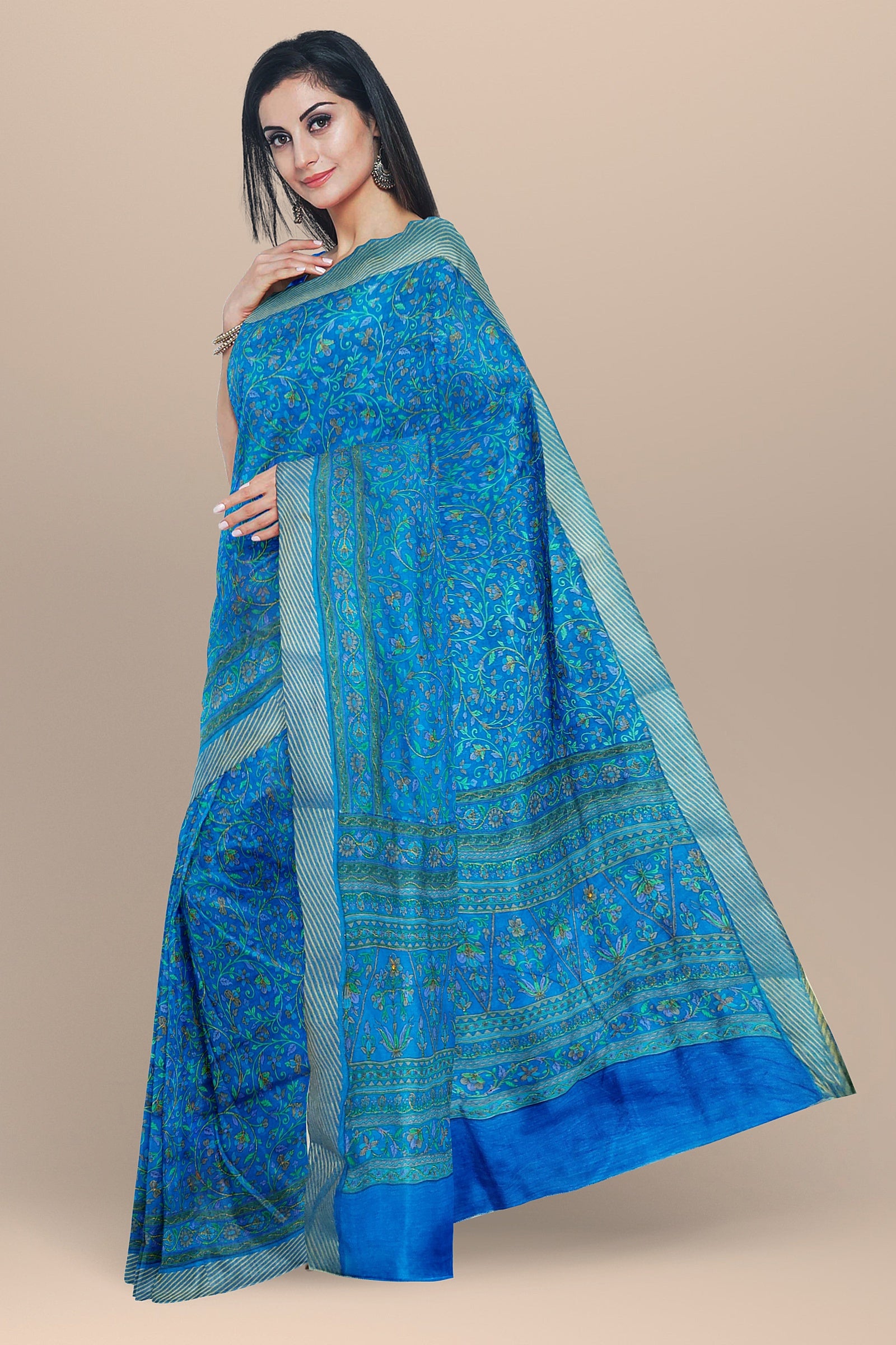 TUSSAR SILK: Beautiful Firoza semi-Tussar saree