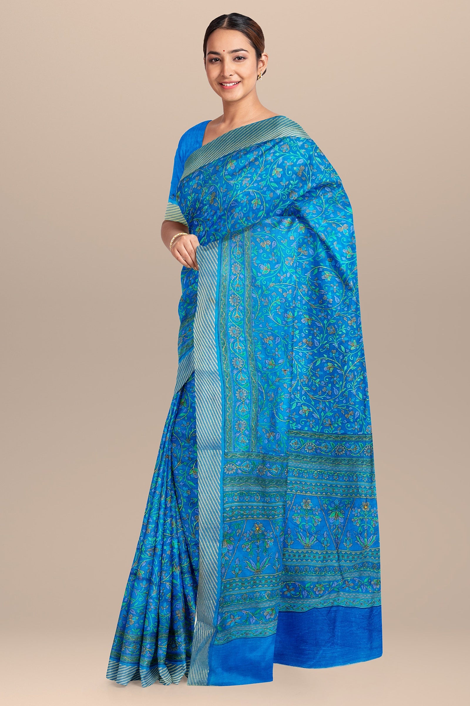 TUSSAR SILK: Beautiful Firoza semi-Tussar saree