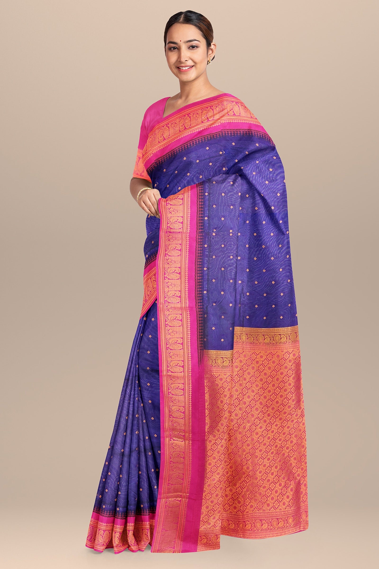 SEMI SILK SAREE: Vibrant violet semi-Gadwal silk saree