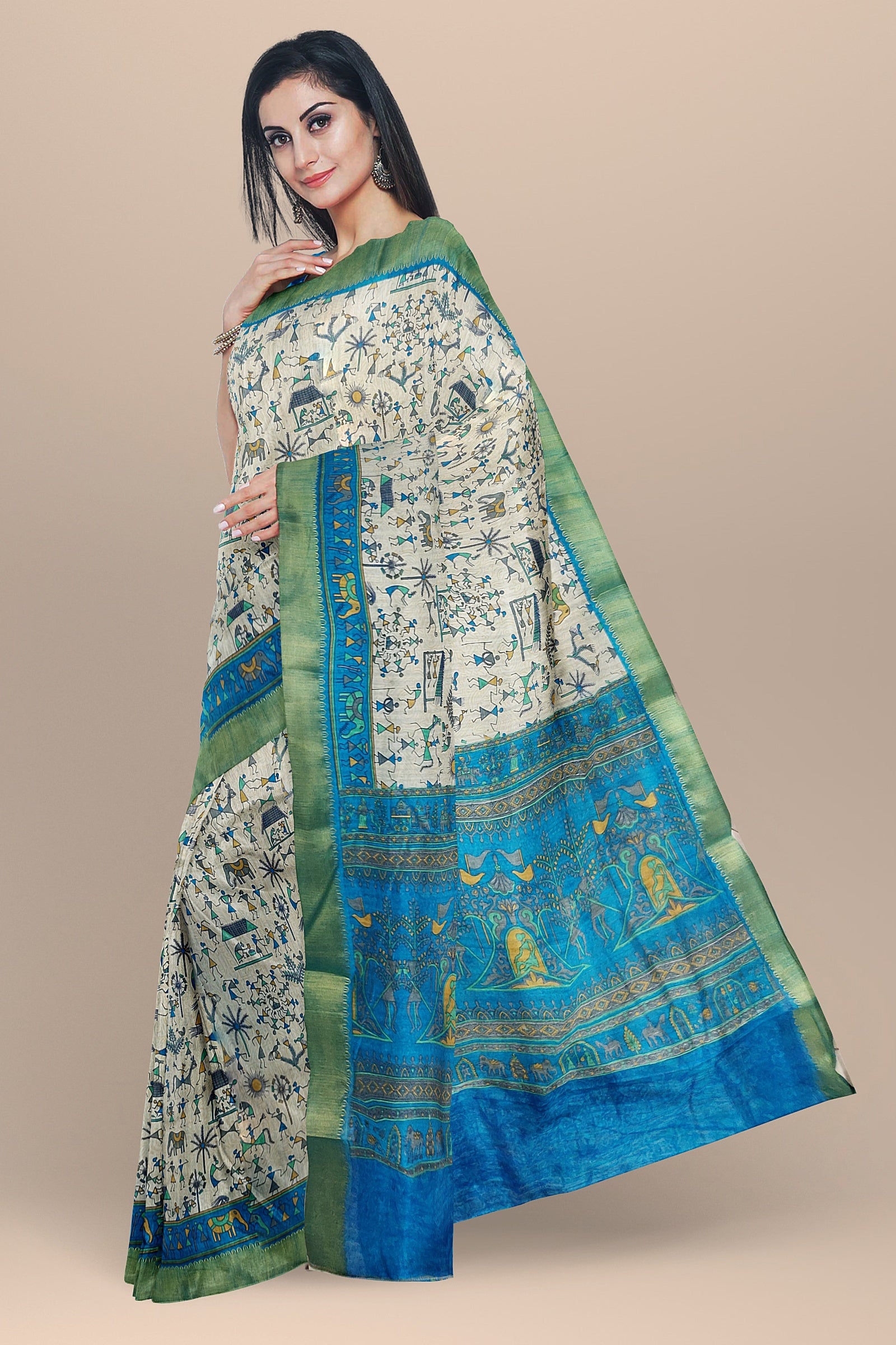TUSSAR SILK: Beige semi-Tussar silk saree