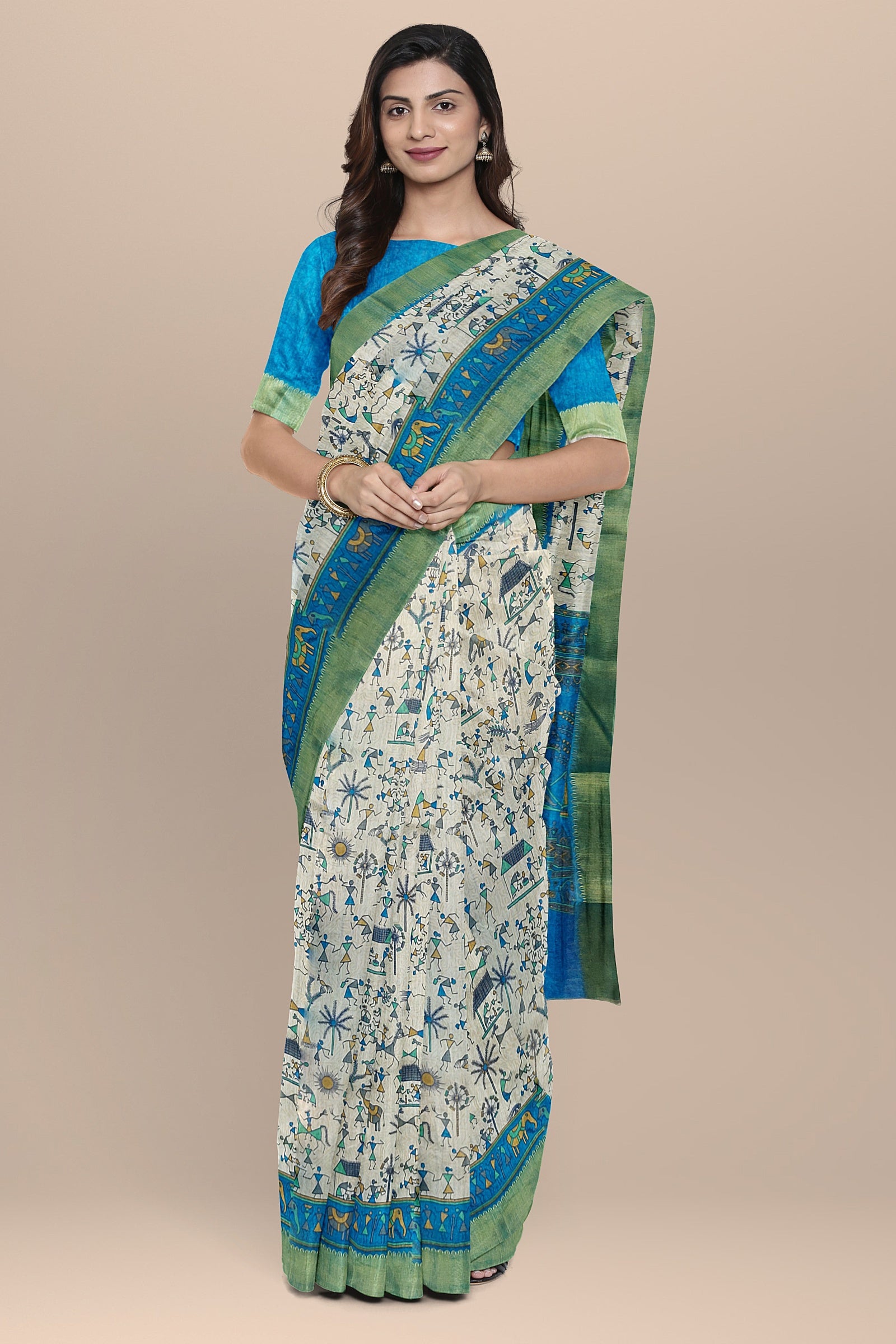 TUSSAR SILK: Beige semi-Tussar silk saree
