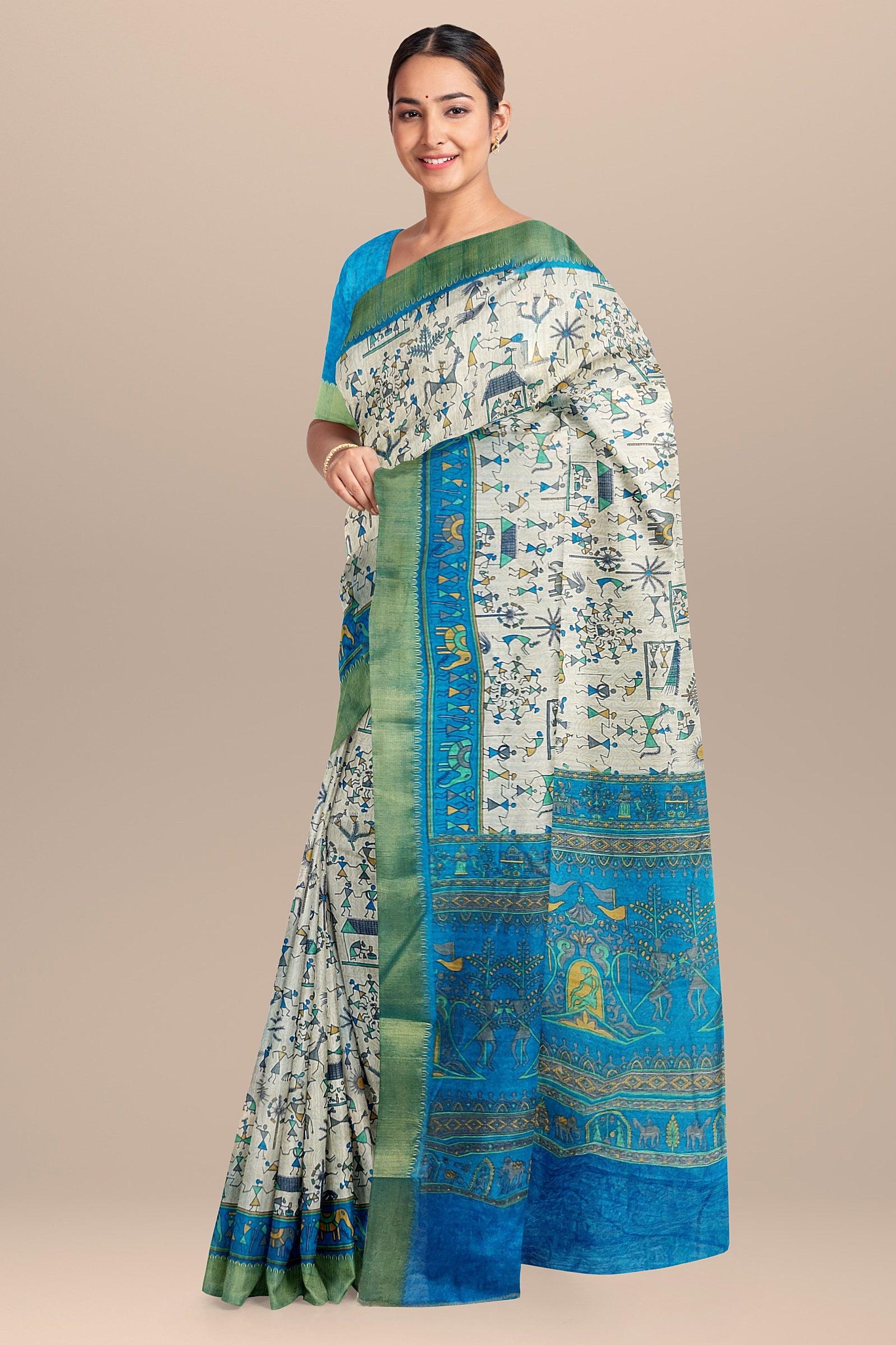 TUSSAR SILK: Beige semi-Tussar silk saree