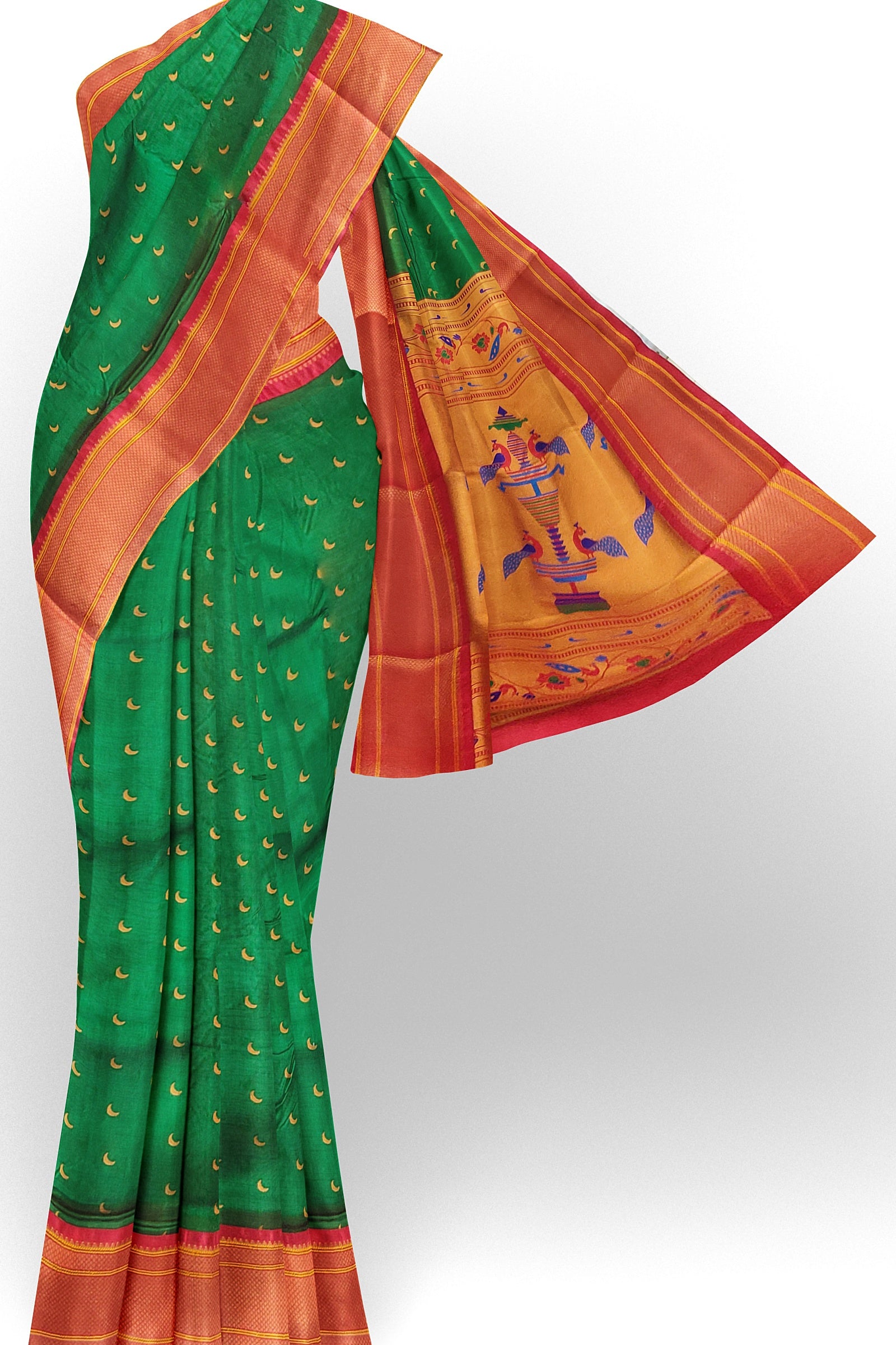 SEMI SILK: A vibrant green Chandrakor Paithani saree