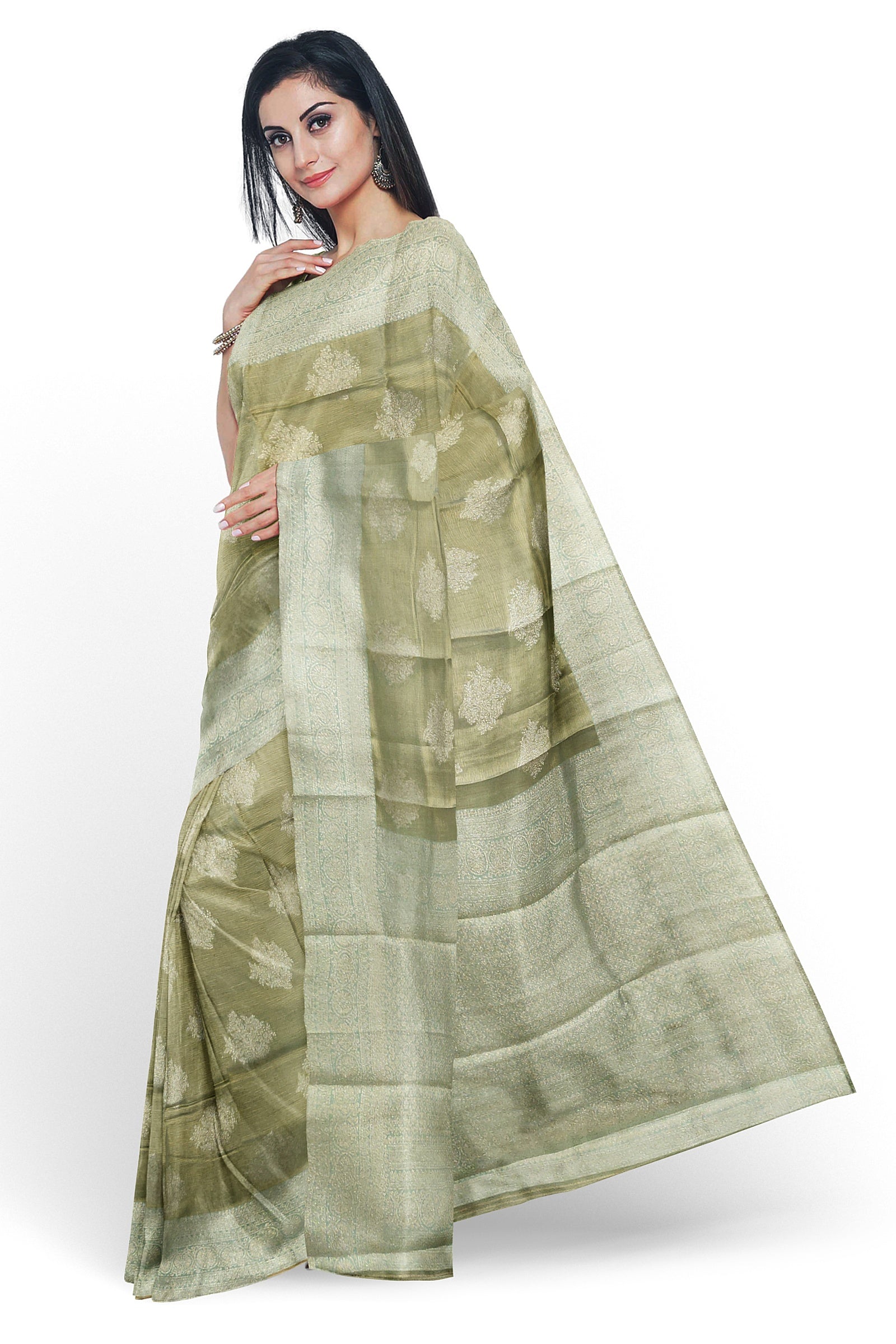 SEMI TISSUE SILK: Light mehendi-colored saree