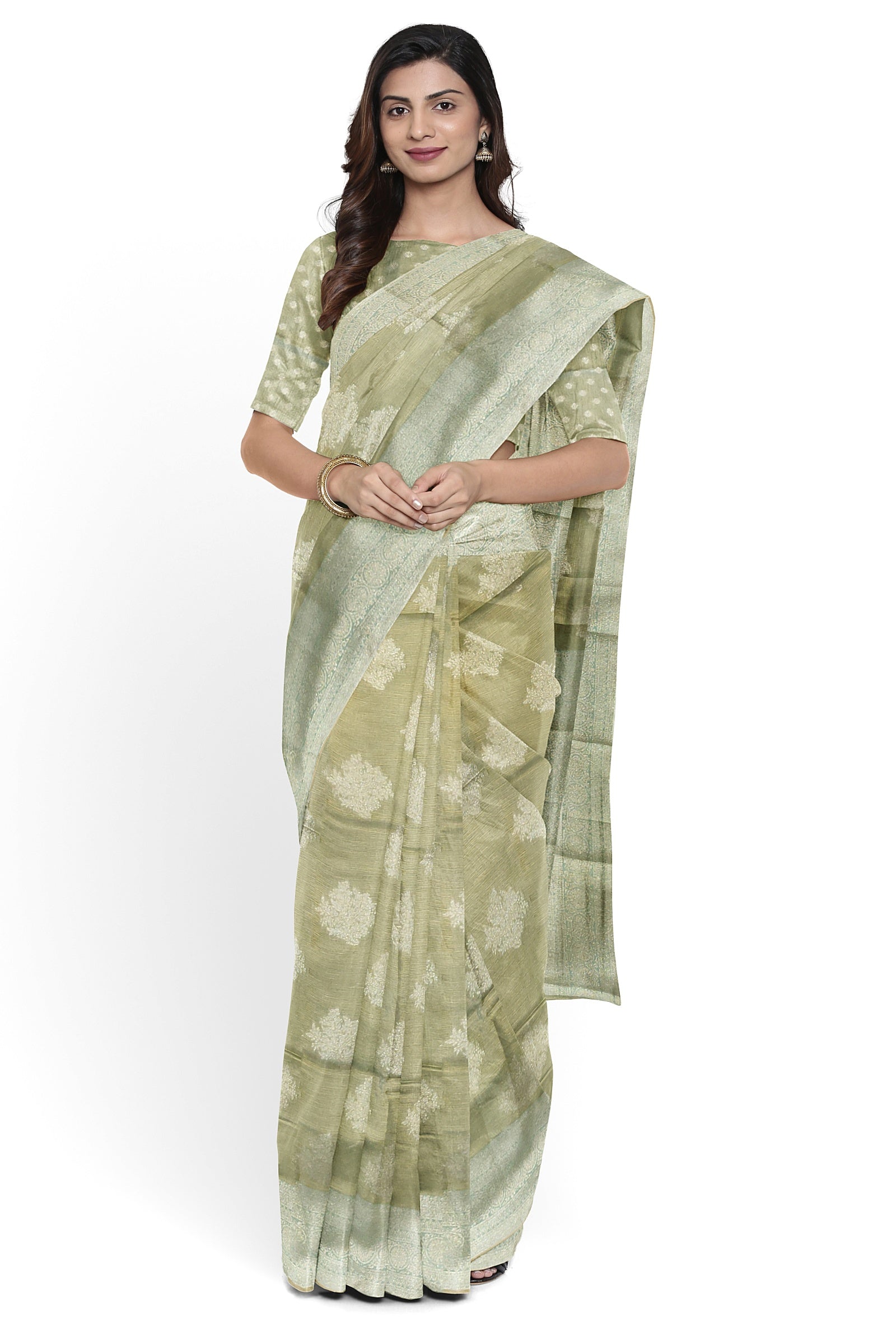 SEMI TISSUE SILK: Light mehendi-colored saree