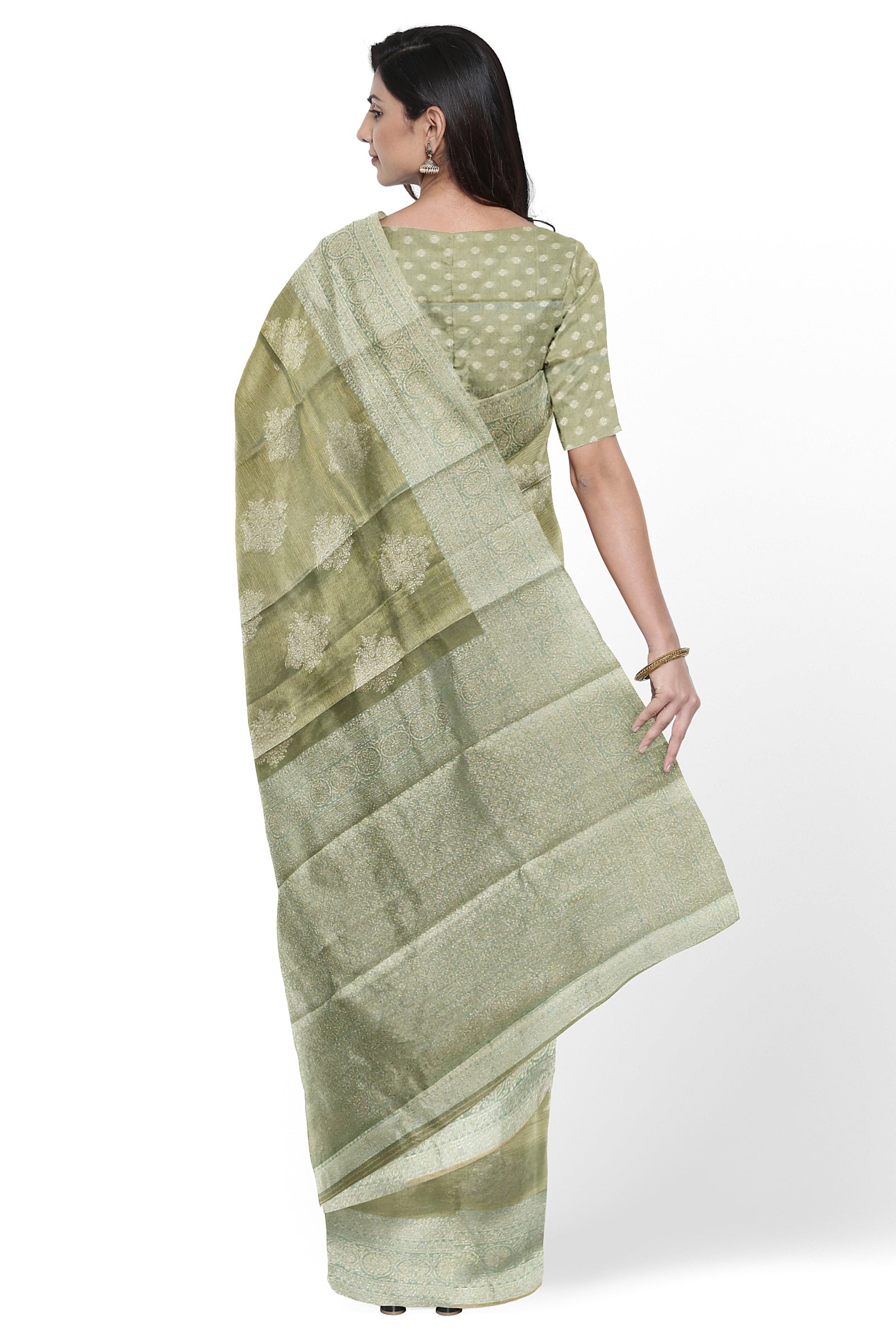 SEMI TISSUE SILK: Light mehendi-colored saree