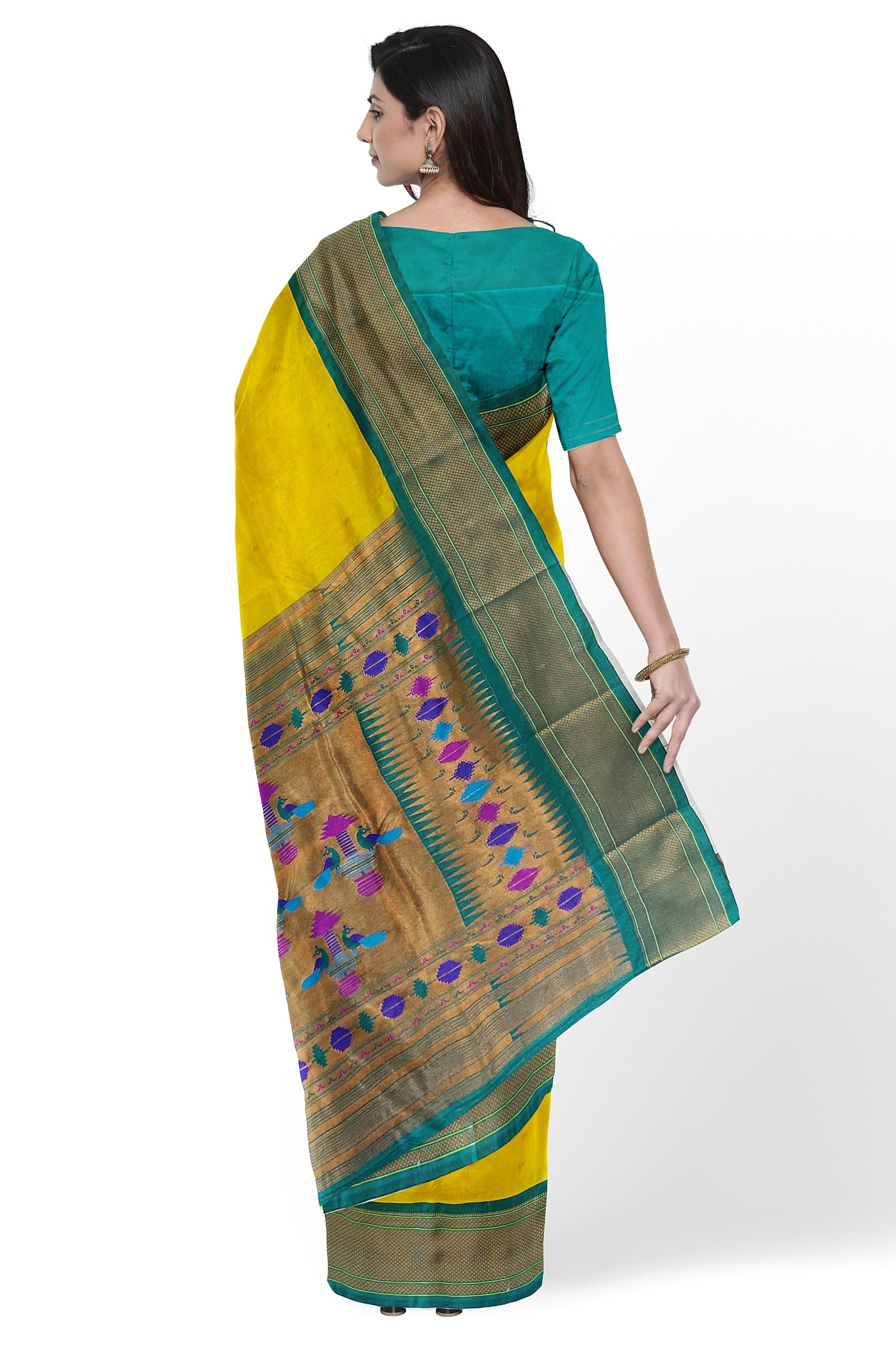 SEMI SILK: A cheerful lemon-colored Paithani saree