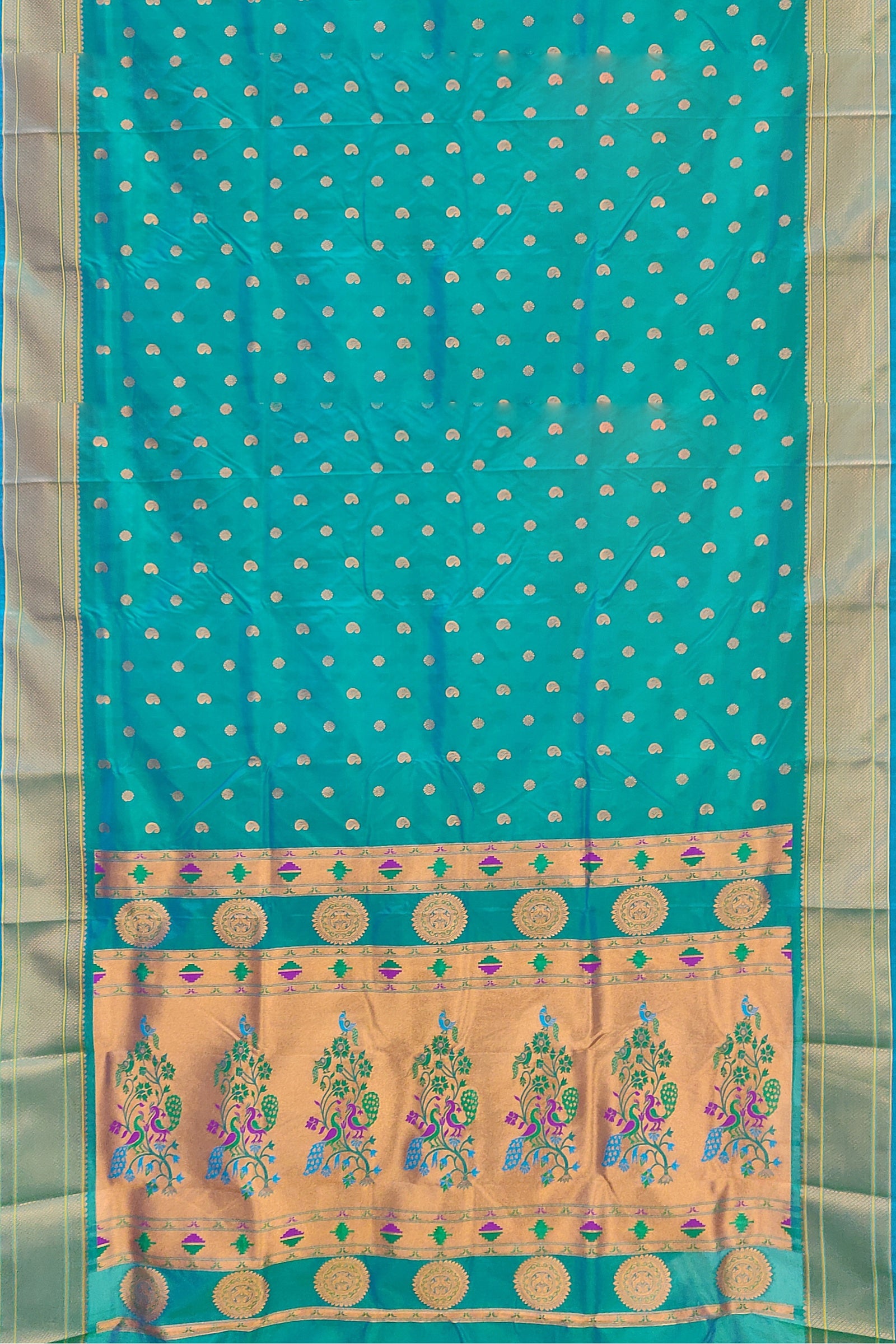 SEMI SILK: Stunning peacock-colored self Paithani saree