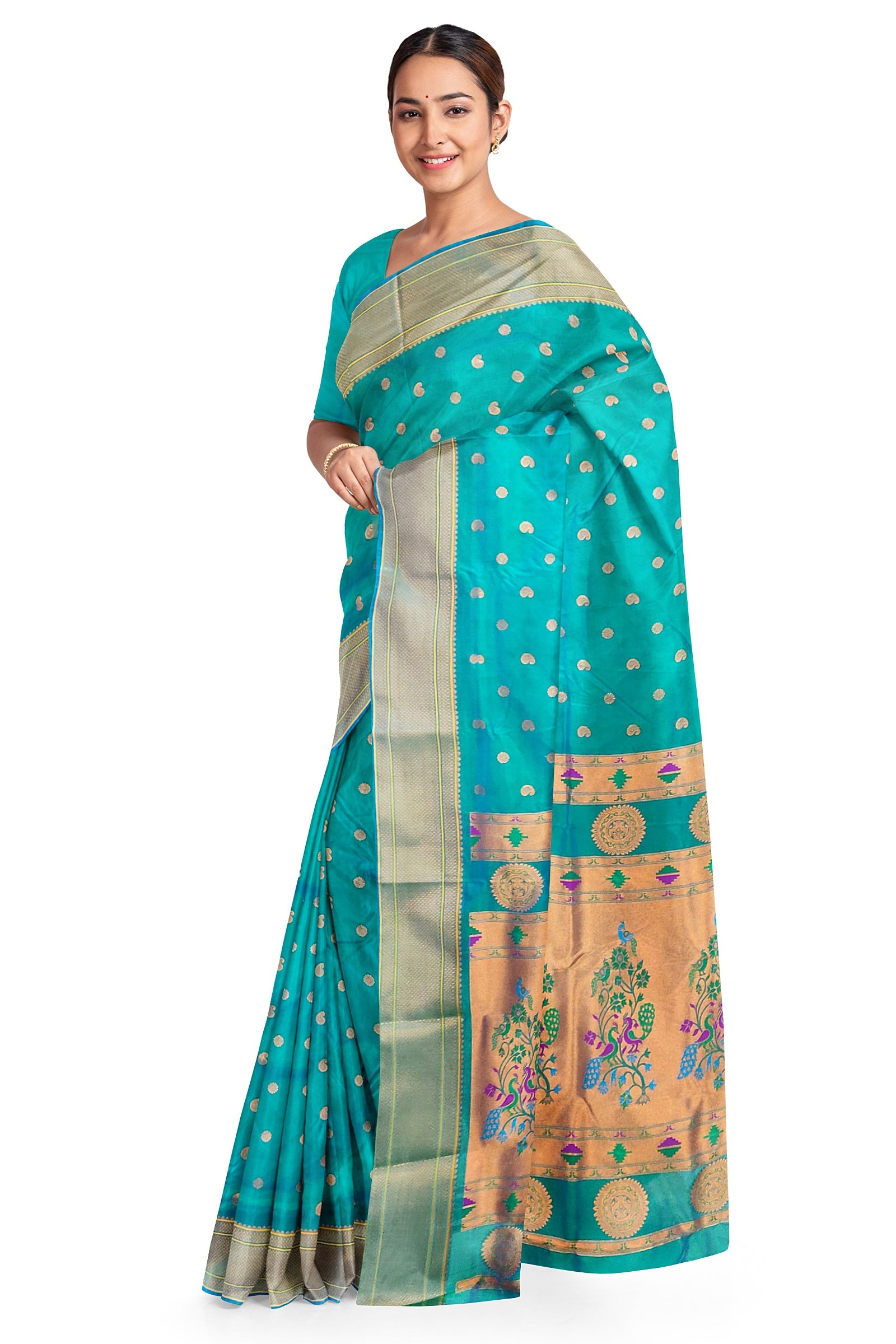 SEMI SILK: Stunning peacock-colored self Paithani saree