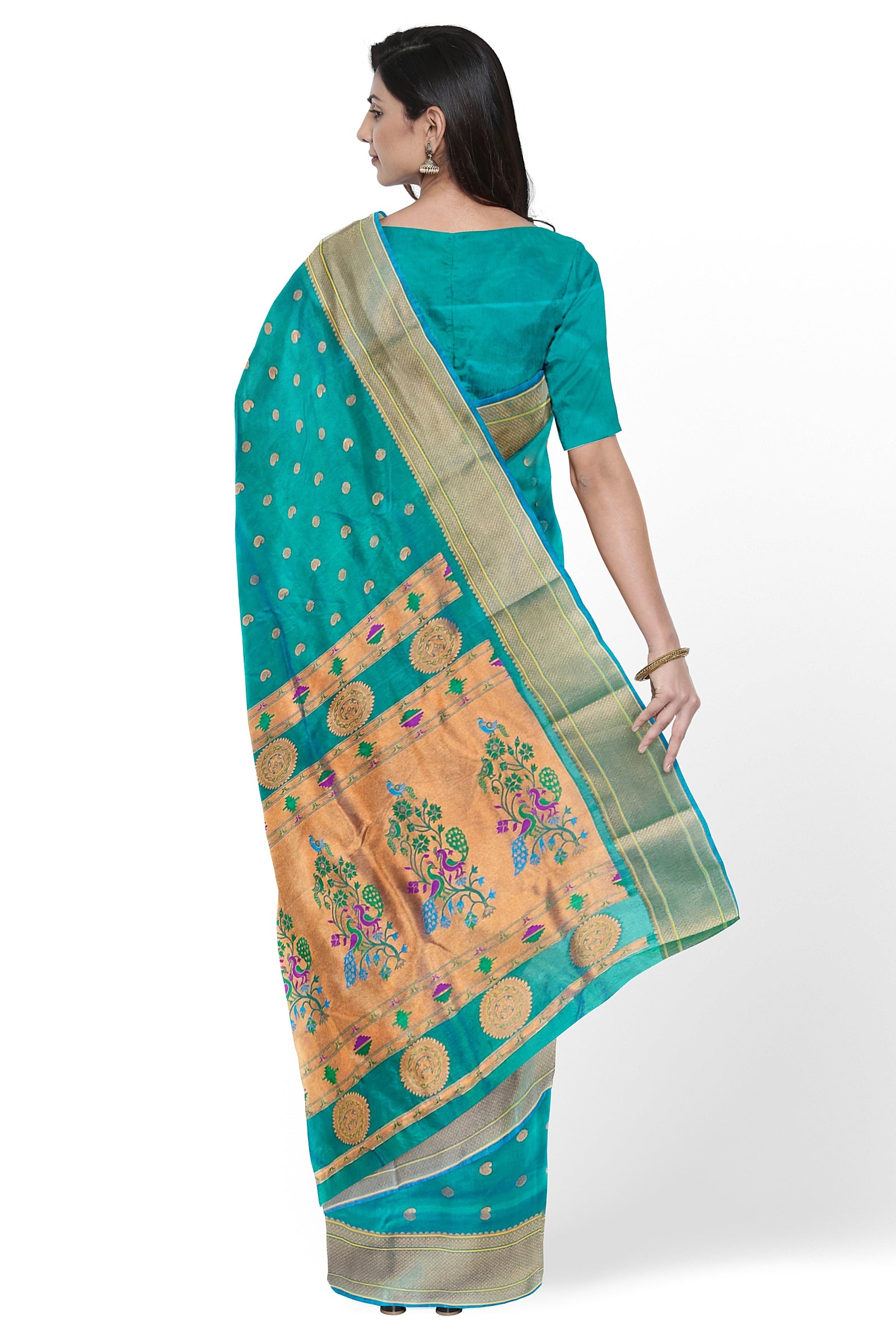 SEMI SILK: Stunning peacock-colored self Paithani saree